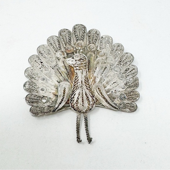 Vintage Jewelry - Vintage 900 Silver Peacock Ornamental Bird Pin Brooch